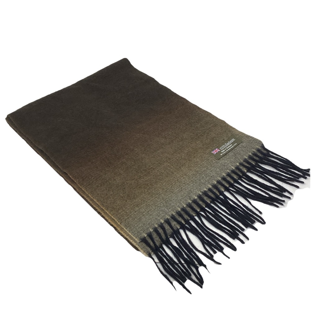 100% Cashmere Made In Scotland Brown Ombré BlackFringe Scarf 64"x12"